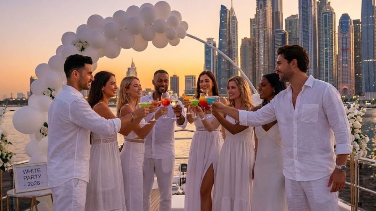 Group of friends enjoying one of the trending birthday yacht party ideas in Dubai, celebrating an all-white theme party on a luxury yacht deck in Dubai Marina at sunset with mocktails and 2026 decor.