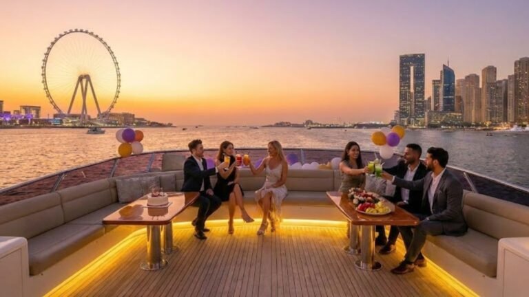Group of friends celebrate birthday on yacht Dubai Marina with fresh juices, 2026 sign, and sunset view of Ain Dubai.