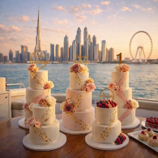 Premium birthday cake setup on yacht in Dubai