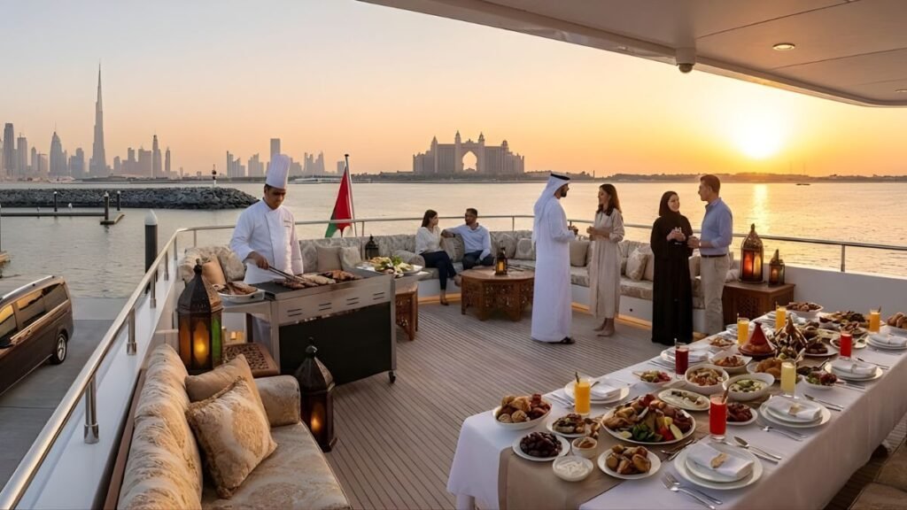 Luxury Iftar on a yacht deck in Dubai featuring a private chef live cooking station, traditional Ramadan decorations, and a VIP Mercedes transfer vehicle on the pier, with a panoramic sunset view of the Burj Khalifa and Dubai skyline