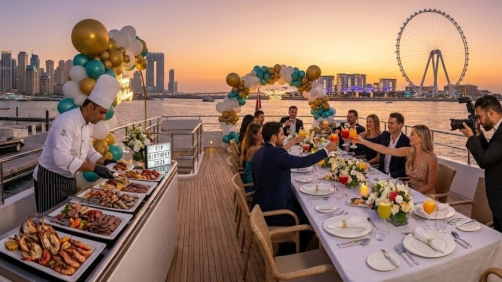 Private chef serving gourmet BBQ on VIP yacht deck in Dubai Marina, with professional photographer, luxury limousine transfer, and guests celebrating birthday 2026 with sunset view